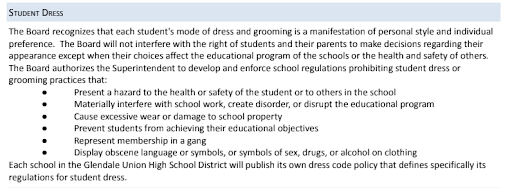 Excerpt from the student handbook on dress codes from guhsdaz.org