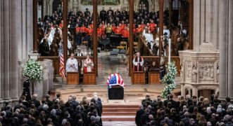 The casket of former U.S. President Jimmy Carter rests at the front of the Washington National Cathedral during his state funeral service Jan. 9, 2025. U.S. Capitol Rotunda Jan. 7-9.
Courtesy of OSV News photo/Haiyun Jiang, The New York Time via Reuters 