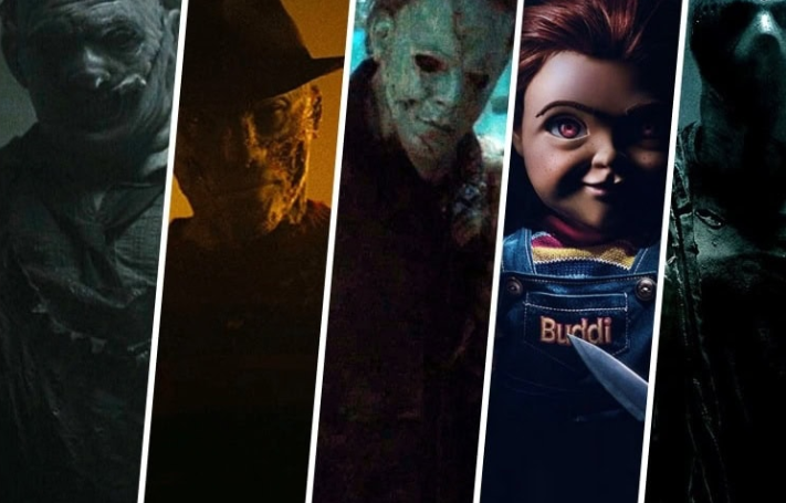 A lineup of horror movie characters.

