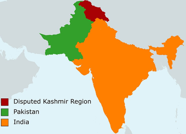 : A map of India, Pakistan and disputed Kashmir